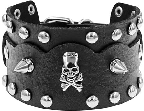 JewelryWe Totenkopf Lederarmband Herren Armband: Punk Gothic Breit Leder Armreif mit Piraten Schädel Spike Nieten Kegelnieten Verstellbar Geflochten Maschette Halloween Nietenarmband Schwarz