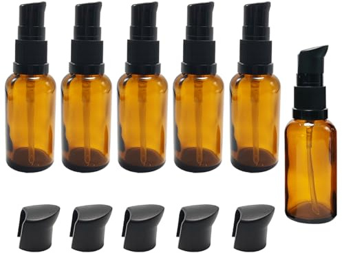 6Pcs 30ml/1oz Empty Amber Glass Lotion Pump Bottles with Black Pump Cap Refillable Cosmetic Press Dispenser Vials Portable Small Container for Essential Oil Hand Soap