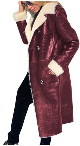 Zeiayuas Womens Winter Coats Fleece Faux Fur Jacket PU Leather Casual Lapel Long Sleeve Outerwear Fashion Long Sleeve Winter Warm Thick Overcoat Sherpa Fleece Teddy Coat Mid Length Trench Coat