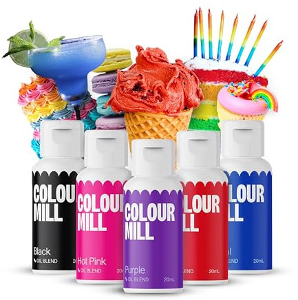 Colour Mill Lebensmittelfarbe flüssig Set – 5 x 20ml Ölbasiert (Black, Hot Pink, Purple, Red & Royal) – UV-beständig – Perfekt zum Backen & als Backzubehör für Torten, Muffins & Tortendeko