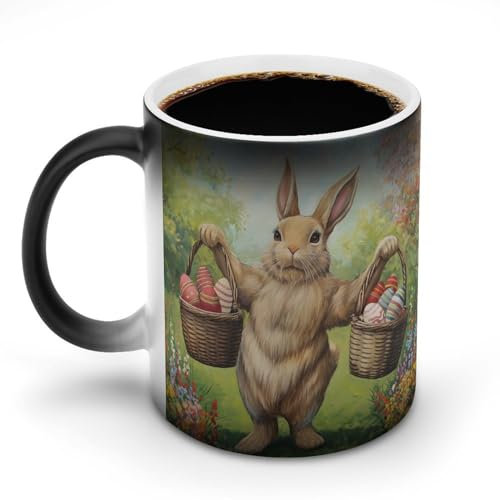 KWQDOZF Riesiger Osterhase mit zwei Körben, Farbwechseltassen, Osterhase, Wärmewechsel-Keramik-Kaffeetasse, originelle Teetasse, lustiger Wasserbecher für Zuhause und Büro, 312 ml