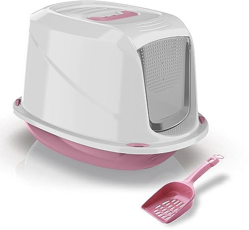PATAM lettiera per gatti coperta con maniglia, filtro antiodore e paletta omaggio 57 cm x 39.5 cm x 38 cm Made in Italy – Comfort Maxi Rosa