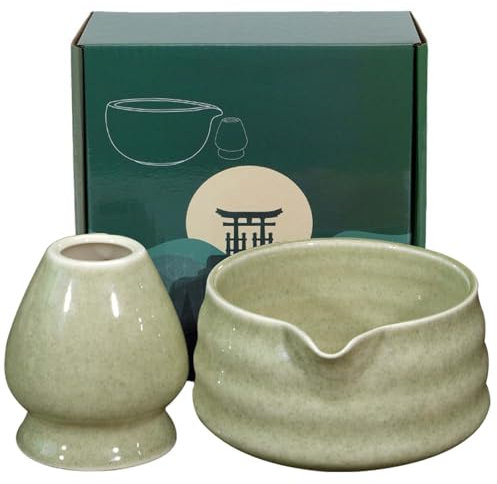 GOMETY Tazón de té japonés para matcha con vertedor, cuenco de té Chawan Matcha con bandeja batidora, cuenco tradicional de cerámica Matcha, tazón de té Chawan, tazón de té de cerámica, color matcha