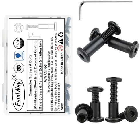 FandWay M4x20mm 25 Paires Vis De Connecteur D'armoire,Connexion,Assemblage Meuble en Acier Inoxydable A2 V2A Dacromet Noir (25 Vis Pour Meubles, 25 écrou à Douille) Avec Clé Hexagonale.