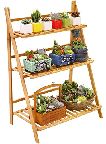 Étagère pliable en bambou à 3 niveaux pour intérieur ou extérieur, terrasse, jardin, balcon (50 cm)