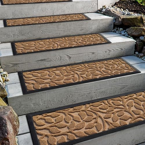Aucuda 6er Set Stufenmatte Außen aus Gummi, 76 x 22 cm Wetterfeste & rutschfeste Treppenstufen Matten, Anti-Rutsch Wärmedämmung Gummimatten für Outdoor, Antirutschmatten Gelbe Florale Treppenmatte.