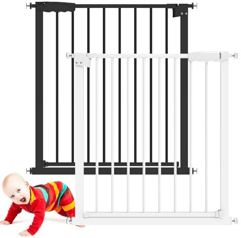 Baby Gate for Doors and Stairs, No Screws Stair Gate Dog Gates Indoor Metal Safety Gate 72-85cm, Auto Close Tall Stair Gate Pet Gate with 90° Two Way Open for House, White