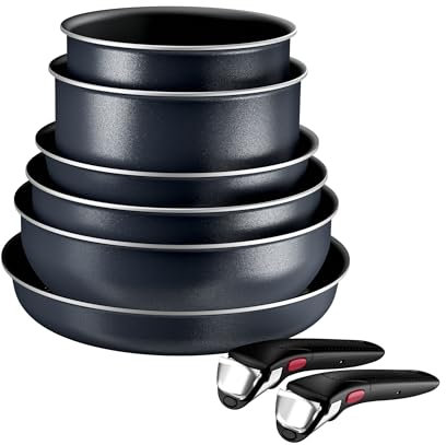 Tefal Ingenio Enjoy, Batterie de cuisine 8pièces, Poêles et casseroles légères, Technologie Light Tech, Poignée amovible, Revêtement Titane antiadhésif, L7239343