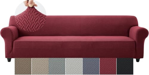 Moonlight Bedding High Stretch Burgundy/Wine Red Sofa Covers 4 Seater Super Soft Extra Large Couch Covers for Dogs Pets Cats Spandex Elastic Fit T-Shaped Non Slip Sofa Cover