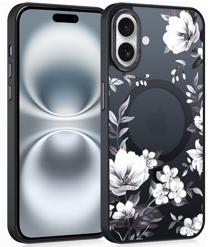 Coiwxmoi Magnetische Handyhülle für iPhone 16 Plus 6,7 Hülle,Kompatibel mit MagSafe, Aesthetic Blumen Muster Transluzente Mädchen Case, Matte PC Dünn TPU Bumper Stoßfest Schutzhülle Cover -Schwarz 04