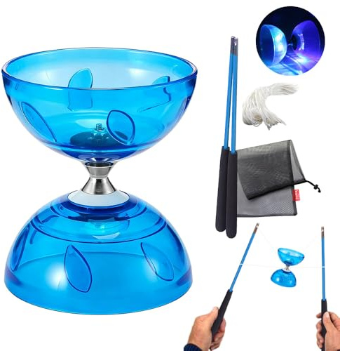 PLLYPE Diabolo Freiner avec roulement à Billes, kit de jonglage pour Diabolo, avec Ficelle, Sac en Filet & 2 Bâtons, pour Les Enfants & Les Adultes, Débutants & Professionnels, Bleu