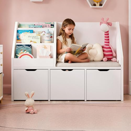 40 Kids Reading Nook with Bench, Toy Storage Organizer and Bookshelf with Seat Cushion, Kids Bookshelf with 3 Movable Drawers, Toy Storage Box on Wheels, Ideal for Nursery, Playroom, Bedroom, White