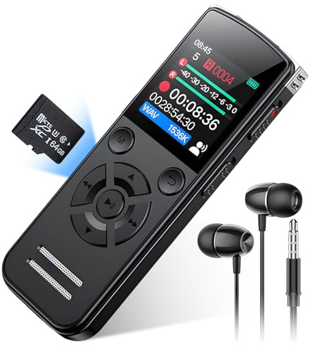 64GB Diktiergerät Digital, 1536 Kbps Digital Voice Recorder, Diktiergerät Aufnahmegerä mit Playback, USB-C Audioaufnahmegerät mit Rauschunterdrückung für Studie Arbeit Meetings Interviews