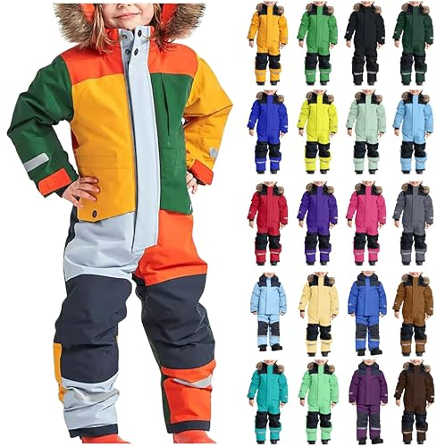 Schneeanzug Kinder Winter Warm Skianzug Wasserdicht Winddicht Winteranzug Einteilige Softshellanzug Schneeoverall mit Abnehmbarer Kapuze Reflektierenden Matschanzug Skioverall für Jungen Mädchen