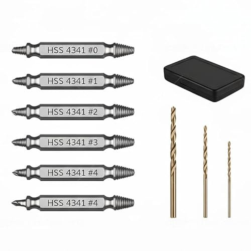 9 Pièces Extracteur de Vis Cassée avec 3 Forets, Dureté 63-65HRC, Fabriqué en HSS 4341, Extracteur de Vis Dénudé, Extracteur de Petite Vis Pour Percer et Enlever des Vis Endommagées