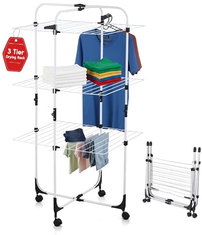 FB FunkyBuys 3 Tier Clothes Drying Rack – Foldable Laundry Clothes Airer Indoor & Outdoor - Sturdy Steel Frame Clothes Horse - Movable, Space-Saving Clothes Dryer for Towels or Storage