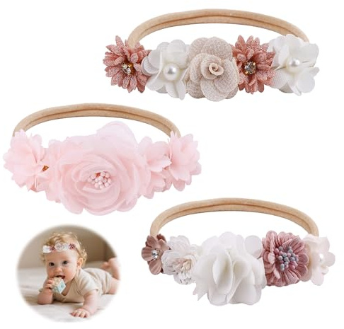 3 piezas de cinta para el pelo para bebé, suaves cintas para niñas con delicadas flores, cintas elásticas con flores encantadoras y perlas para fiesta, boda, bautizo, fotos familiares, regalos y