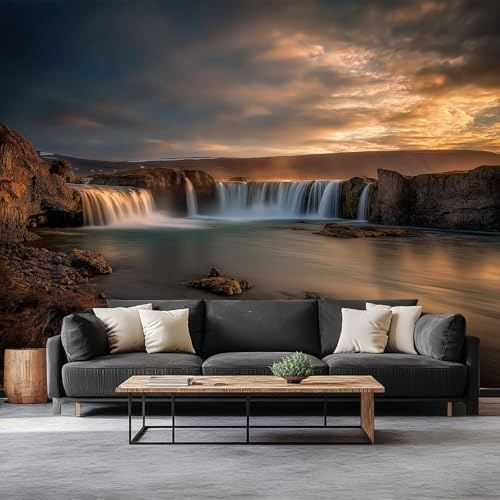 Fototapete Fotografie Sonnenuntergang Isländischer Wasserfall 200 x 140 cm Wanddeko Fototapeten Schlafzimmer Wohnzimmer Vlies Tapete, Gold Wandtapete