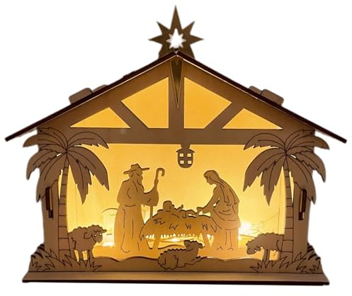 Jvjggag Weihnachtskrippe, rustikale Holzdekoration, beleuchtete Weihnachtskrippe, Weihnachtsfiguren, für Party, Wandkamin, Bauernhaus, Kirche, Garten, Hof, Terrasse
