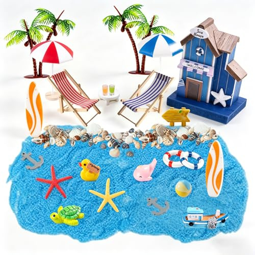 24 Stück Mini Strand Deko Set, Miniatur Deko Miniatur Strandlandschaft Zubehör mit Palme, Liegestuhl, Haus, Sonnenschirm & Segelboot, Mikro Landschaft Deko für DIY Terrarium, Zen Garten, Blumentopf