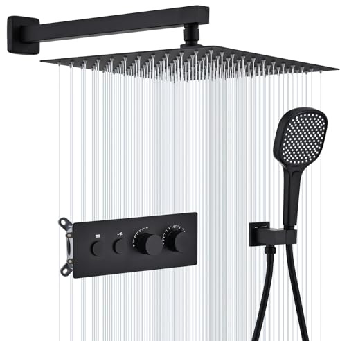 HOMELODY Duschsystem Thermostat Schwarz Unterputz Duscharmatur,Regendusche 30x30 cm Edelstahl mit Handbrause 3 Strahlarten, Duscharmatur Unterputz mit Messing Einbaukörper, 2 Funktionen