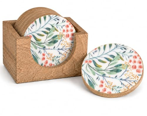Decorasian Emaillierte Glasuntersetzer aus Mangoholz – 6er Set mit Halter Box (Ø 9,5cm) – Handgefertigte Holz Untersetzer, Boho Deko für Gläser & Tassen - Blumenmuster