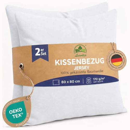 leevitex Kissenbezug 80x80cm - 2er Set - 100% Baumwolle Jersey - Weiß | Öko-Tex Zertifiziert · Kopfkissenbezug für Kissen 80x80 cm · Kissenhülle 80x80 · verdeckter Reißverschluss · 170 g/m²