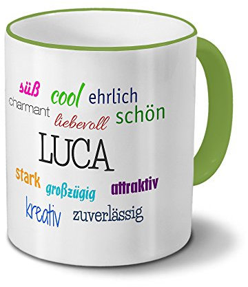 printplanet Tasse mit Namen Luca - Positive Eigenschaften von Luca - Namenstasse, Kaffeebecher, Mug, Becher, Kaffeetasse - Farbe Grün