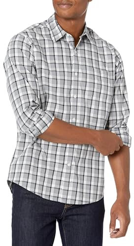 Amazon Essentials Men's Regular-Fit Long-Sleeve Casual Poplin Shirt, Grey Plaid, XXL