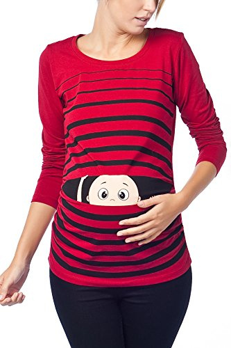 Witzige süße Umstandsmode T-Shirt mit Motiv Schwangerschaft Geschenk - Langarm (Weinrot, Large)