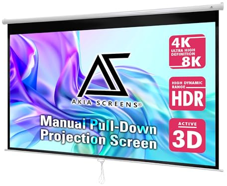Akia Screens Schermo per proiettore da 100 pollici, retrattile, manuale, 16:9, 8K/4K HD e 3D, montaggio a soffitto o a parete, schermo di proiezione per interni bianco con blocco automatico, per Home