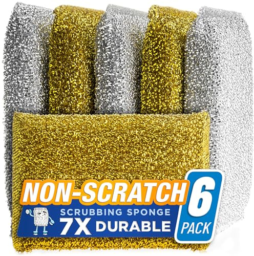 SPONGENATOR Kitchen Scrubbing Sponges - Heavy Duty Non Scratch Scrubbing Cleaner Sponges in 2 Colors - Multi Surface Non Metal Dish Scouring Scrubbers for Fast Cleaning (Gold & Silver, 6)