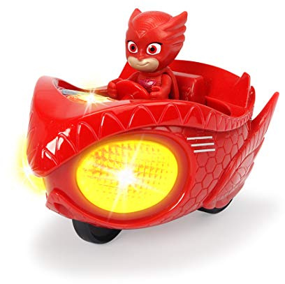 Dickie Toys 203142002 PJ Masks Mission Racer Owlette, Die-Cast Fahrzeug mit Freilauf, Licht & Sound, spielt Titelmelodie aus der Serie, inkl. Eulette Figur, 12 cm, rot, inkl. Batterien