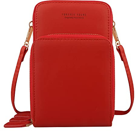 Fangoo Klein Handy Umhängetasche, Damen Kleine Handy-Geldbörse mit 3 Reißverschluss, PU Leder Crossbody Kartenhalter Geldbörse, Umhängetasche mit verstellbarem Riemen Kreditkartenfächer
