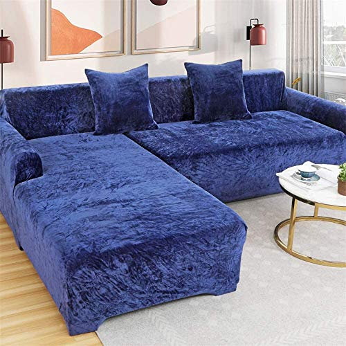 LINGKY Velvet Plüsch Schonbezug Sofa, rutschfeste Stretch Sofabezug Schonbezug Soft Thick Sofa Protector Für L-förmige Schnittcouch (Navy blau,4 Seater(230-300cm))