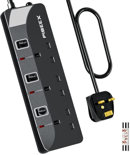 PIBEEX Extension Lead 3 Way Plug Sockets with Individual Switches Wall Mountable Power Strip 3M Extension Cable 13A Fused UK Plug 3250W