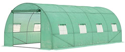 Outsunny Walk-in Polytunnel Greenhouse, Outdoor Garden Tunnel Greenhouse Tent with Zipped Roll-Up Door and 8 Mesh Windows, 6 x 3M