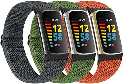 Huamanlou 3 Pack Elastic Loop Breathable Watch Bands Compatible with Fitbit Charge 5 Bands, Soft Adjustable Nylon Sport Replacement Wristband for Fitbit Charge 5 Advanced Fitness Tracker Women Men