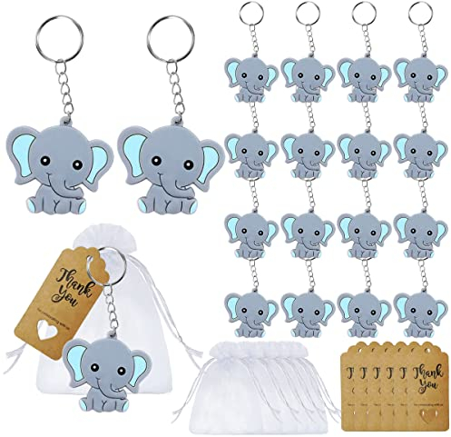 Gastgeschenke Taufe,30 Elefante Anhänger Thank You Danke Geschenke,Elefanten-Schlüsselanhänger + Organza Beutel + Kraftpapier Anhänger,Baby Shower Kommunion Kinderggeburtstag Party Mitgebsel (Blau)