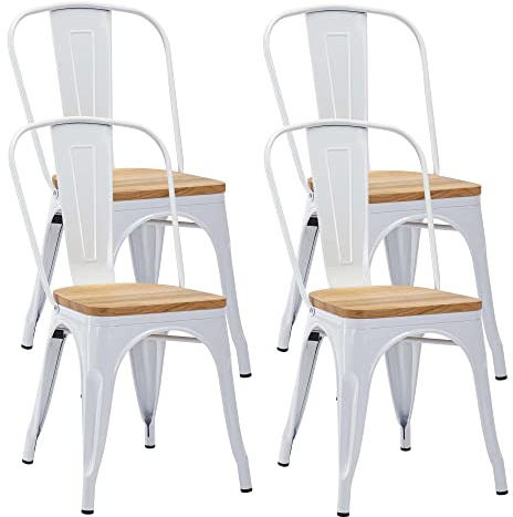 Duhome Metallstuhl Bistrostuhl 4er Set aus Eisen Esszimmerstuhl mit Rückenlehne, Stapelbare Küchenstühle, Weiß+Naturholz