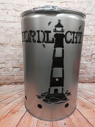 Fuchsbau Feuertonnen Feuertonne mit - Nordlicht Leuchtturm - Motiv - Gefertigt aus neuem Ölfass - Besondere Feuerstelle für Garten und Terrasse - Hohe Feuerschale mit Rostoptik - 90 x 60 cm