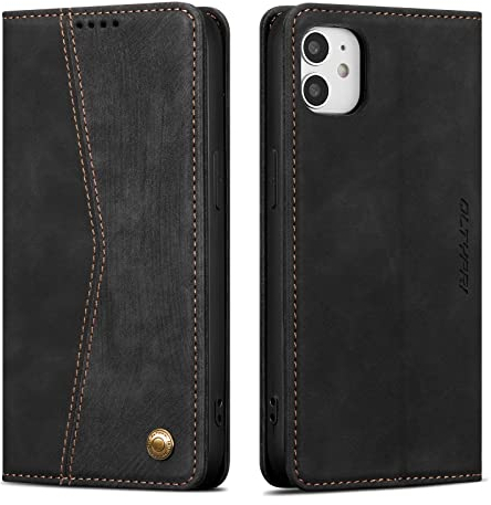 QLTYPRI Wallet Case for iPhone 11, Vintage PU Leather Folio Case with Card Slots Kickstand Magnetic Closure Shockproof Flip Phone Cover for iPhone 11 (6.1 inch) - Retro Black