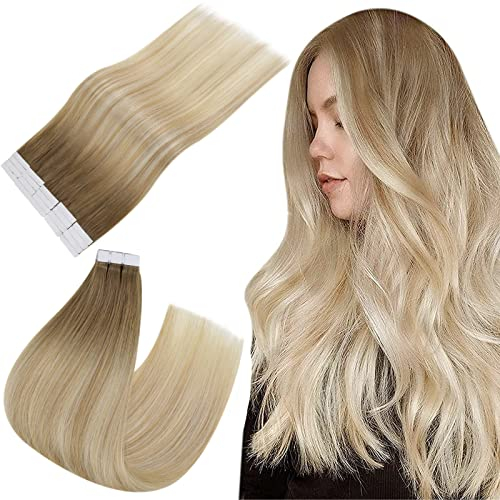 Easyouth Balayage Tape Extensions Echthaar Blond Tape in Haarverlangerung Echthaar Tape in Haar Extensions Mittelbraun Mix Honigblond und Platinblond 35 cm 40g #6/27/60 20pcs