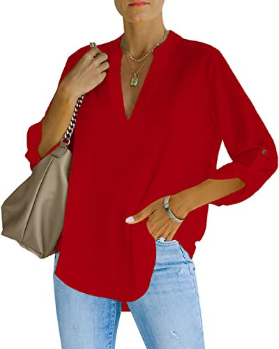 NONSAR Chemisier élégant à col en V pour femme Henley Chemisier ample à manches enroulables, rouge, XL