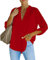 NONSAR Chemisier élégant à col en V pour femme Henley Chemisier ample à manches enroulables, rouge, XL