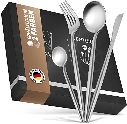 Glavory Ventura - Besteck Silber Matt - portugiesischer Stil - Besteck Set 4 Personen 16 teilig - rostfreier 18/8 Edelstahl - silbernes Besteck spülmaschinenfest