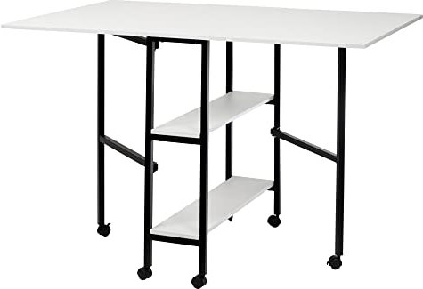 Tavolo da cucito online per quilting/taglio tessuti, piano bianco con gambe e ruote nere - Tavolo pieghevole per lavori manuali con 2 ribalte e 2 ripiani portaoggetti - WC1012