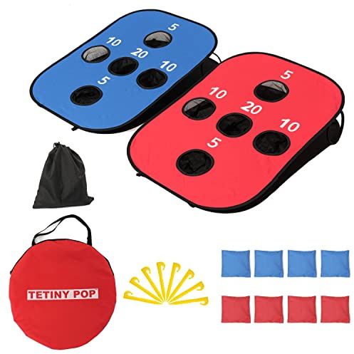 Set di cornhole pop up per cortile portatile pieghevole gioco con 8 pouf leggero borsa da trasporto e 8 paletti, facile da portare ovunque per viaggi e giochi in famiglia