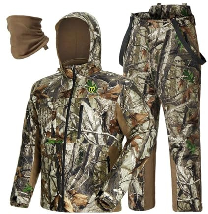 TIDEWE Hunting Clothes for Men with Face Mask, Silent Waterproof Hunting Jacket and Adjustable Bibs, Insulated-Lined, Safety Strap Compatible (Next Camo G2 Size 2XL)