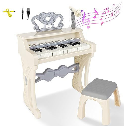 deAO Piano Toy Piano Keyboard Toy for Kids, 25 Keys Music Toy Instruments with Microphone, Kids Piano Toys Birthday Xmas Gift for Girls (WHITE)